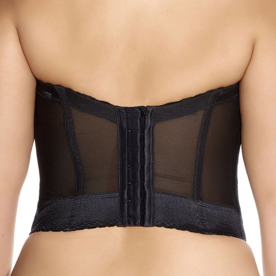Black lace bustier bra with light boning in the body and cups, featuring convertible straps and a two-inch bottom band.